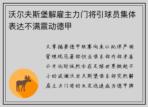 沃尔夫斯堡解雇主力门将引球员集体表达不满震动德甲